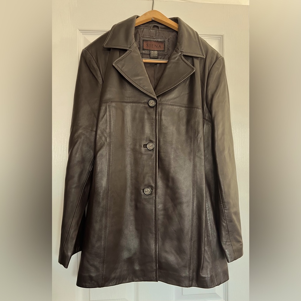 Women's Dark Brown Leather Button-Front Blazer Jacket